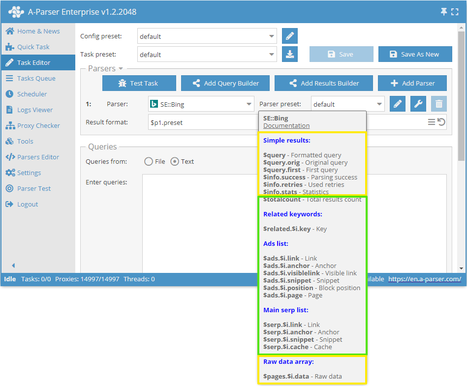 Liste der verfügbaren Ergebnisse in einem Tooltip
