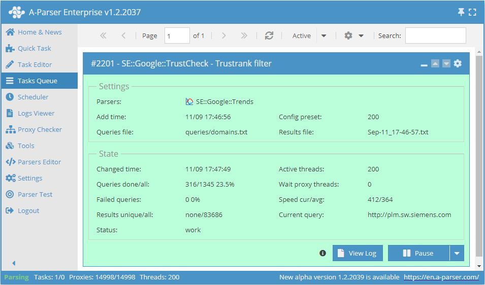 Übersicht des Parsers: Arbeitsgeschwindigkeit