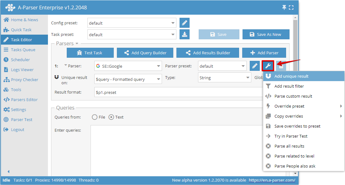 Option Unikalisierung hinzufügen im Task-Editor