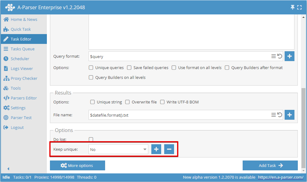 Unikalisierungstyp im Task-Editor