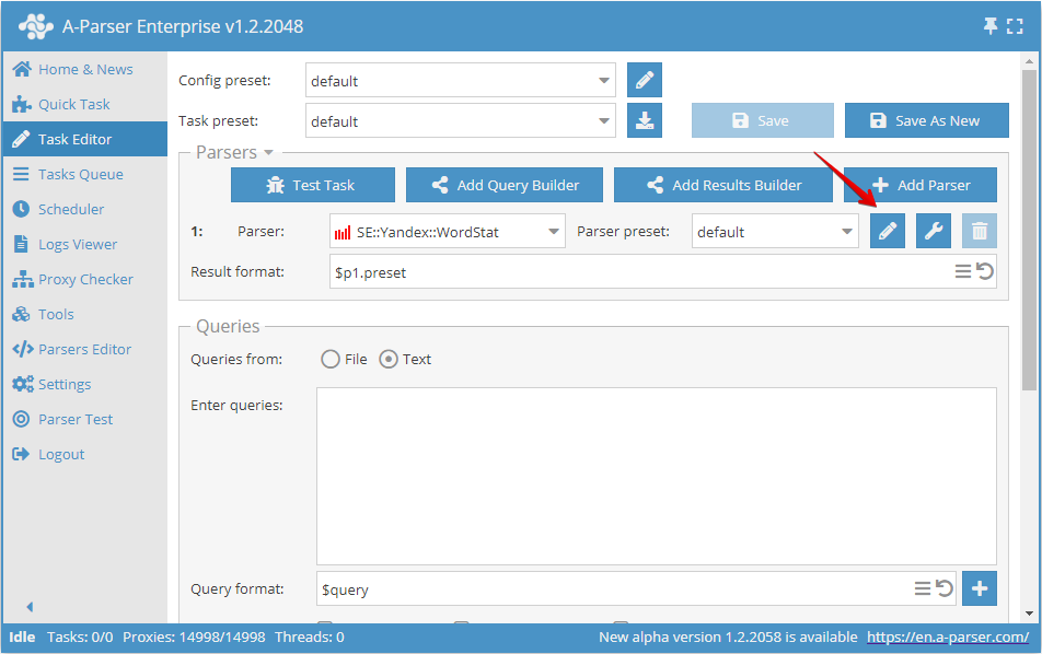 Step 2 - Selecting the parser in the Task Editor