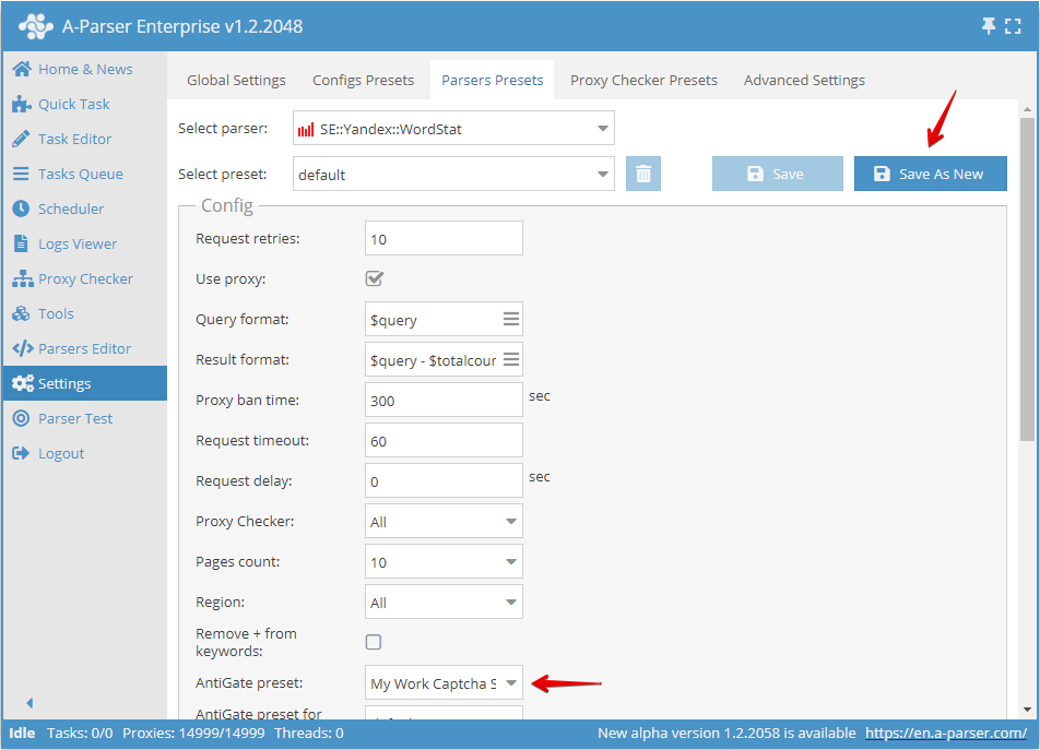 Step 3 - Selecting the AntiGate preset in the parser settings