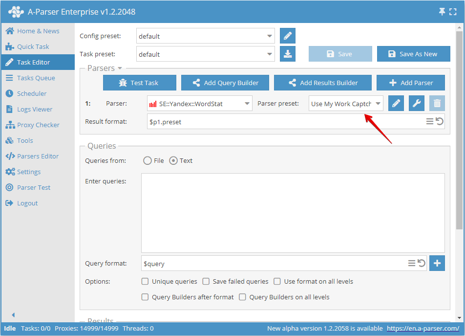 Step 4 - Selecting the preset of the parser with the configured AntiGate
