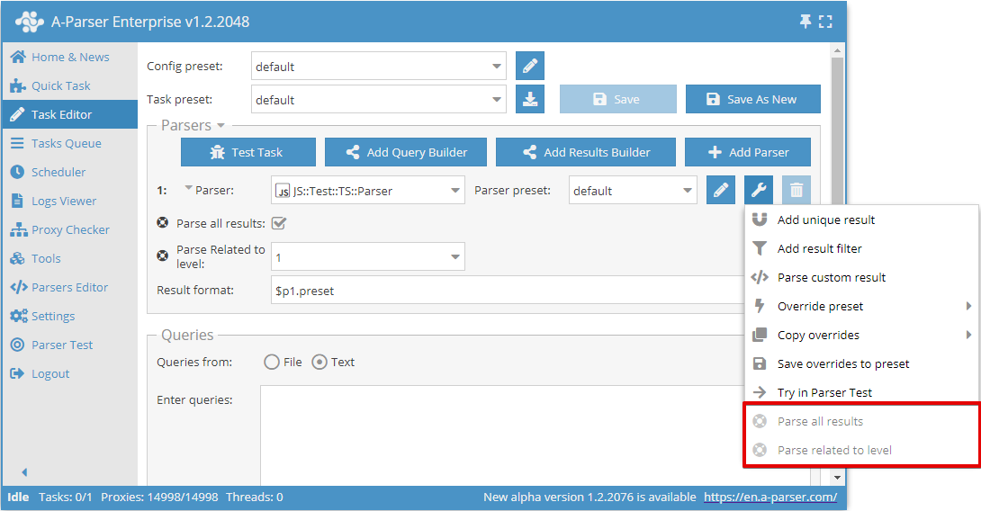 Screenshot of the interface with the settings above