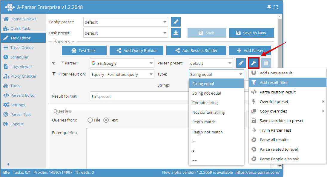 Filter option in the Task Editor