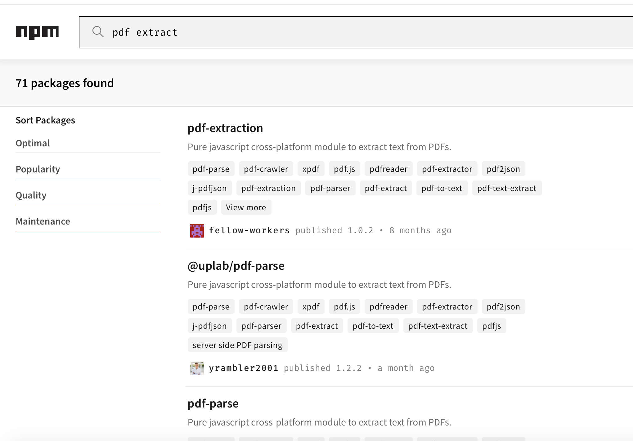 npmjs.com search results example