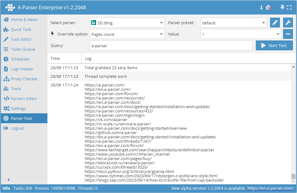Test parsing results