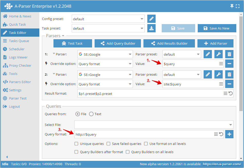 Example of queries formats