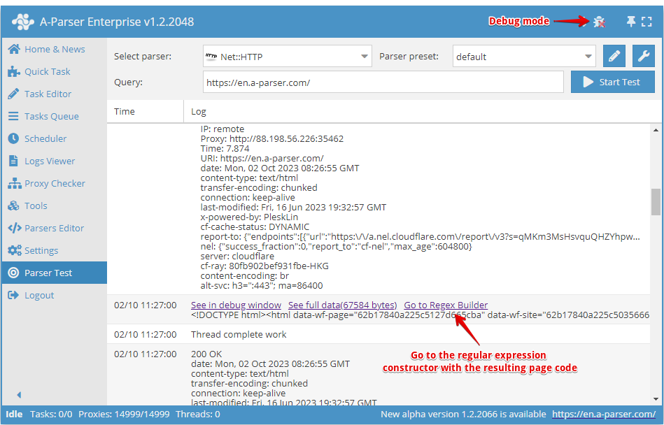 Open the page code in the regular expression constructor
