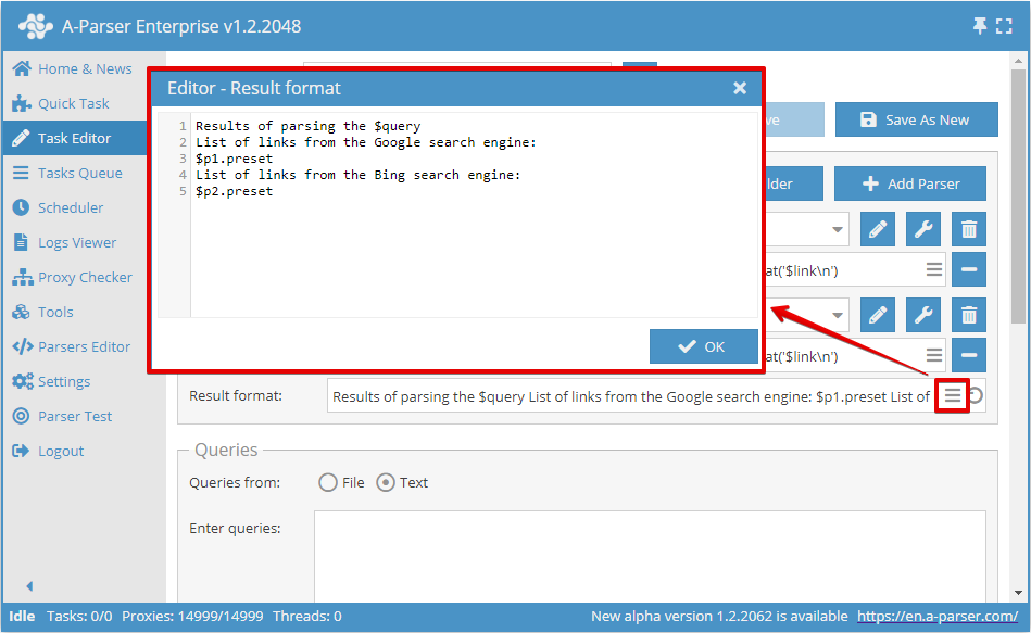 Result Format editing field