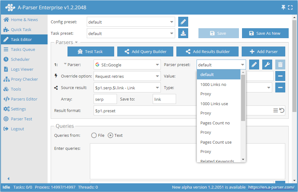 Selecting a saved preset for a specific parser