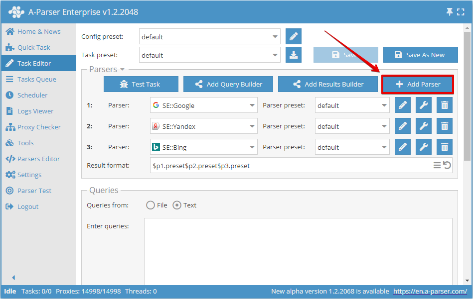 The Add Parser button in the Task Editor