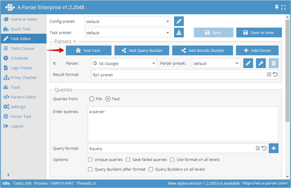 Test Task in the Task Editor