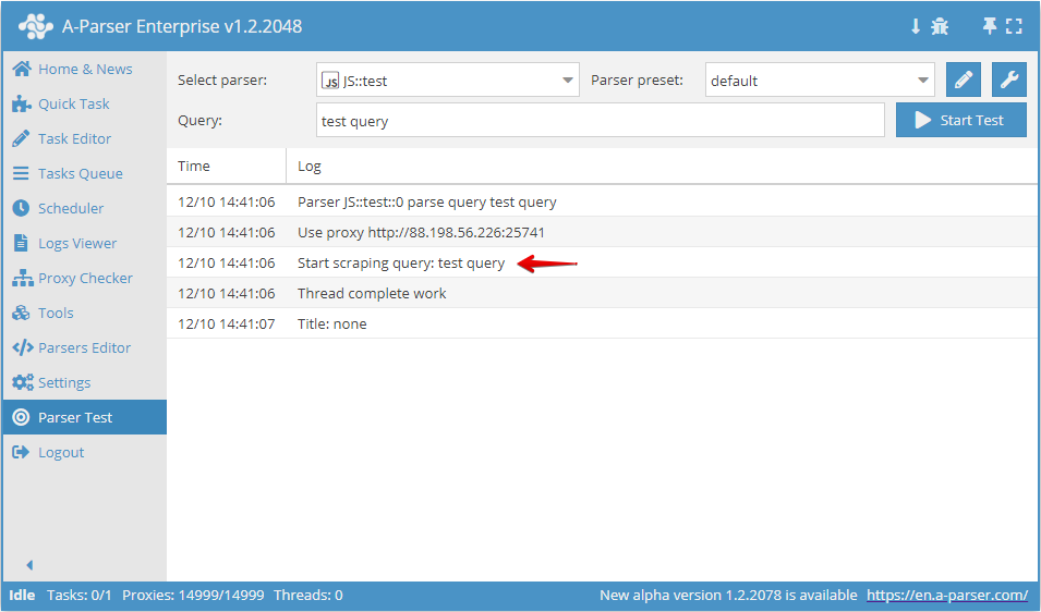 Example of message output to the task log