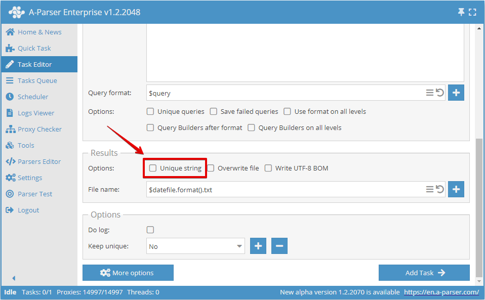 The deduplication by string option in the Task Editor