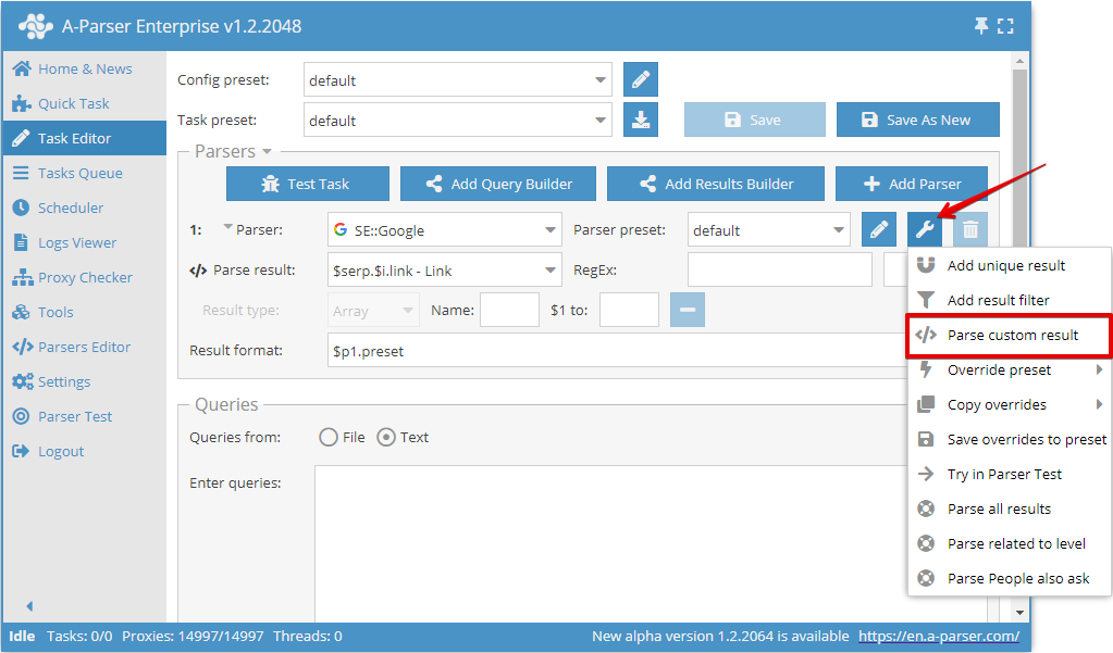 Option to Parse custom result