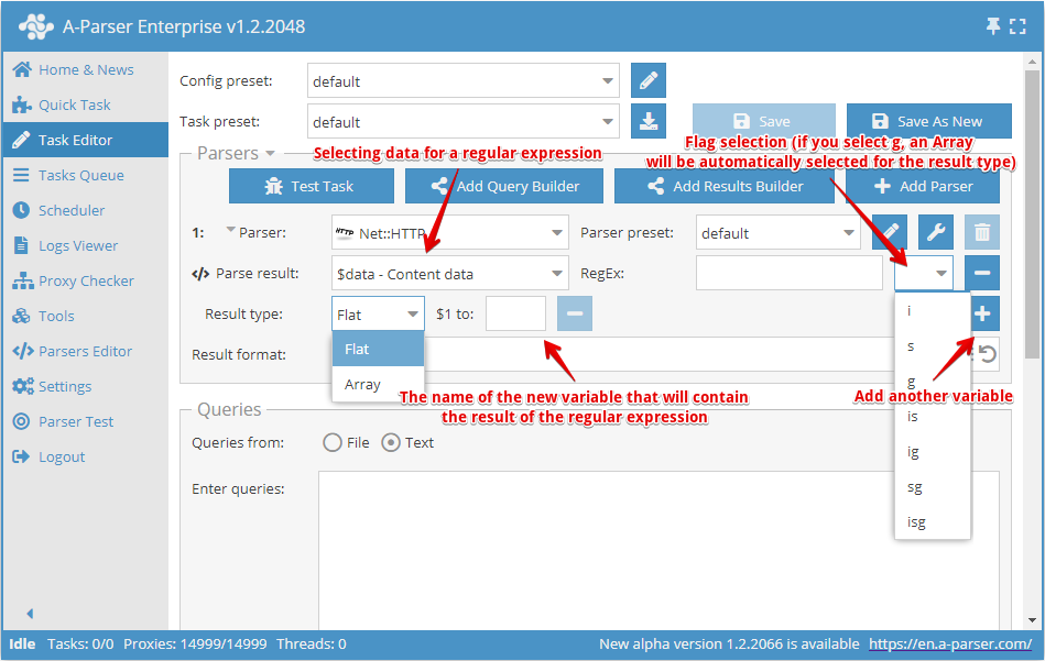 Description of working with regular expressions in the task editor