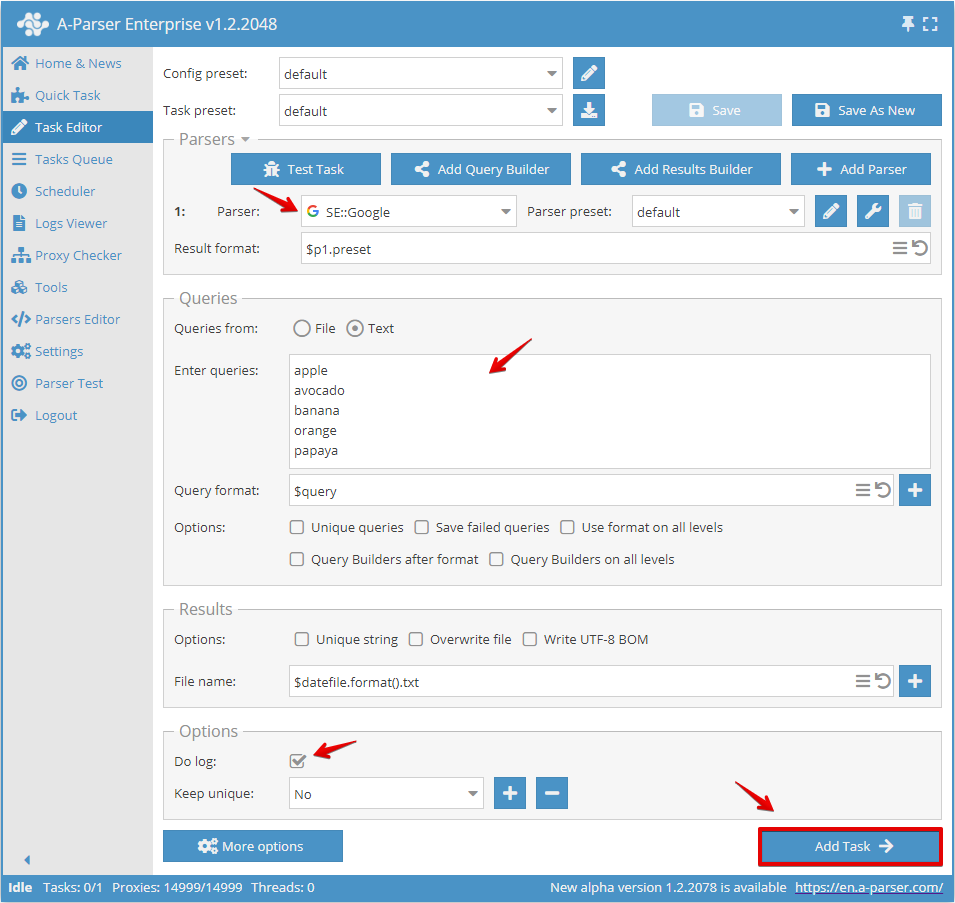Configuración de la tarea