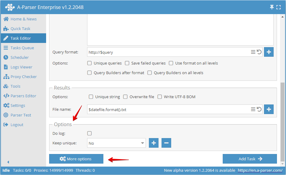 Opciones adicionales del editor de tareas