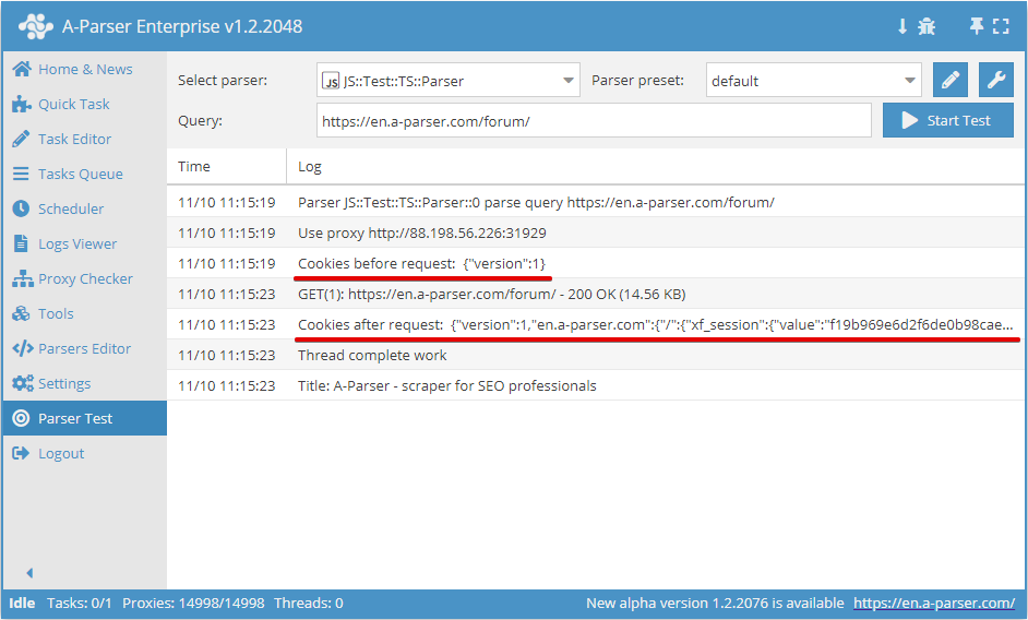 Ejemplo del resultado de obtener una matriz de cookies