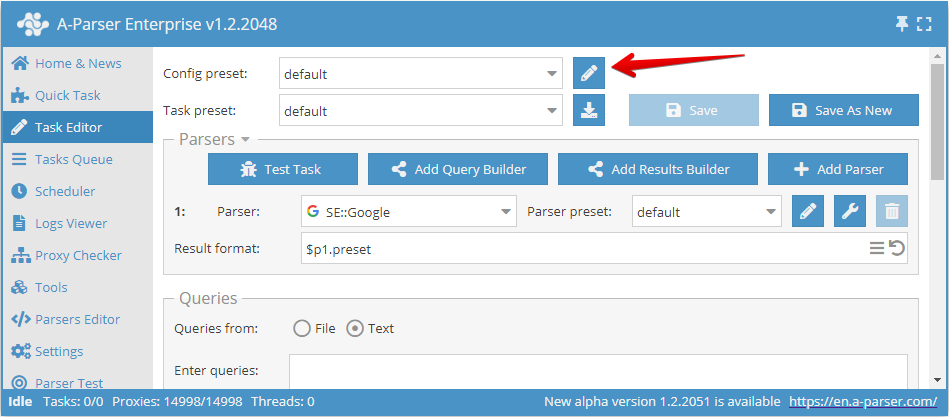 Botón editar Configuración de hilos en el Editor de tareas