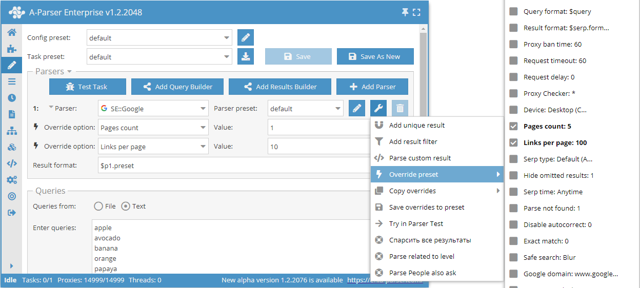 Sobrescribir ajustes para el extractor