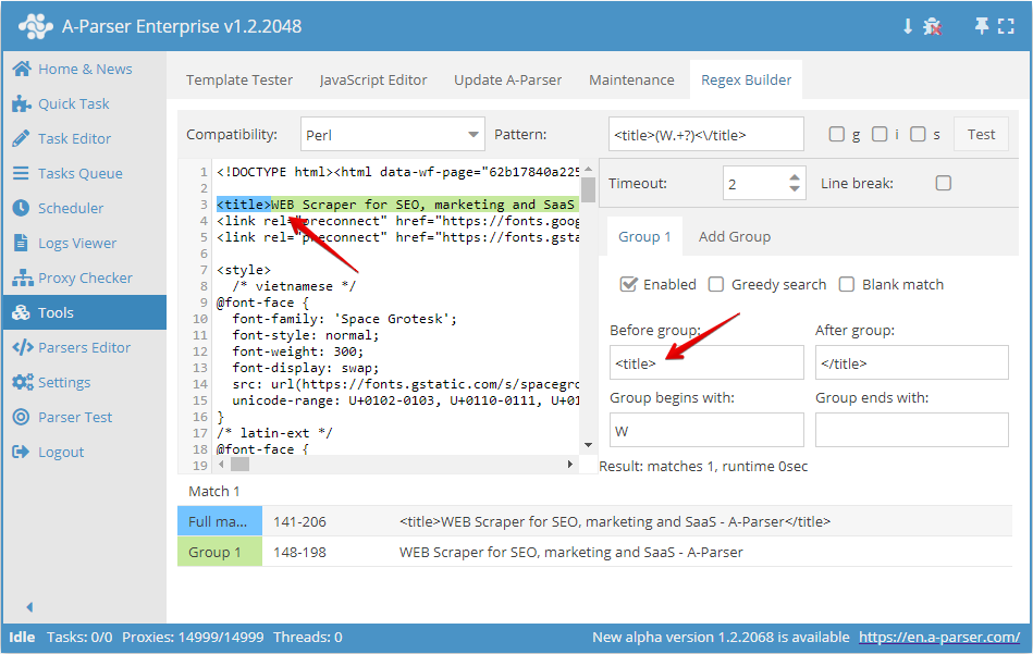 Ejemplo de obtención del título utilizando el constructor de expresiones regulares
