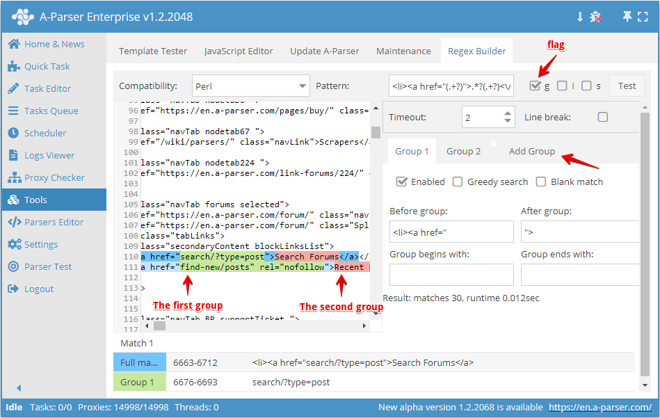 Ejemplo de uso de grupos en el constructor de expresiones regulares