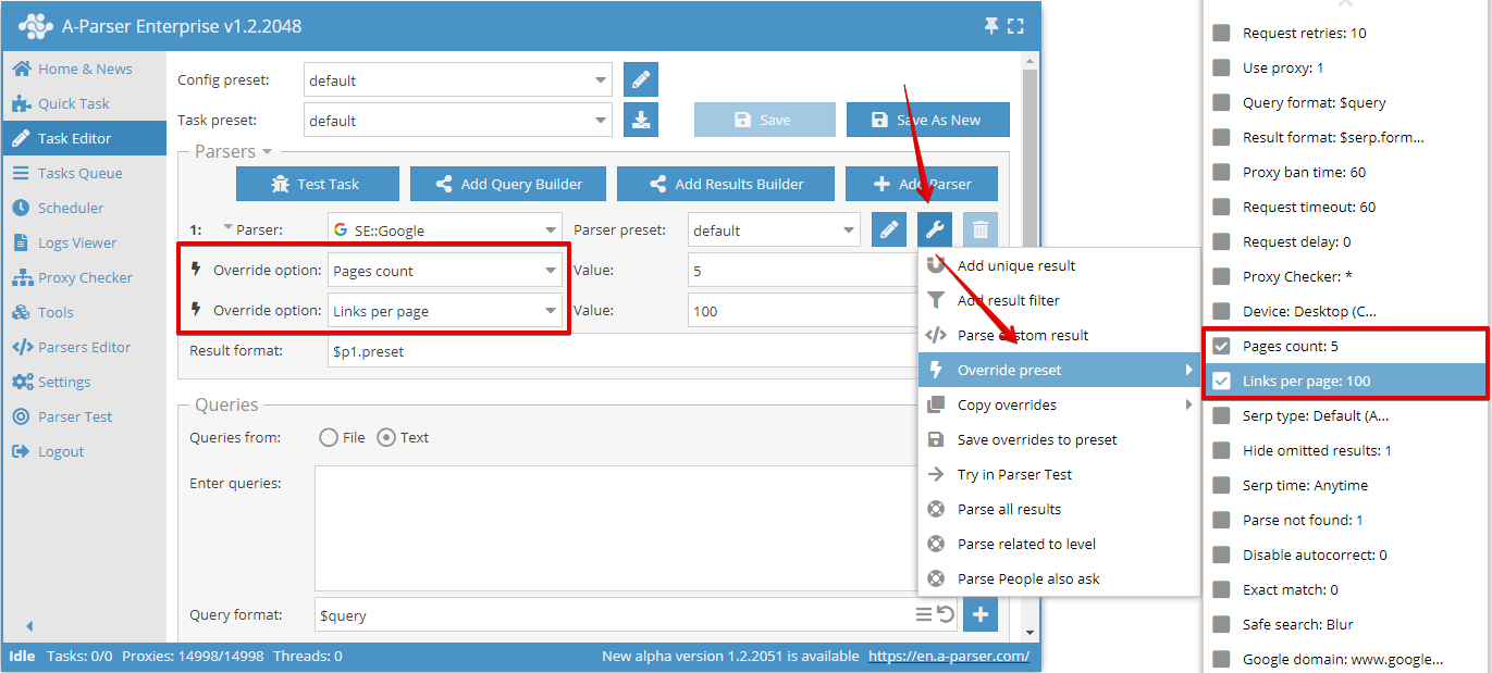 Redefinición de ajustes para el extractor