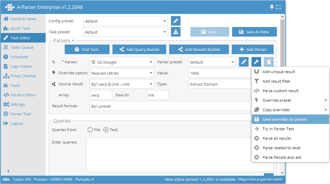 Guardado de opciones redefinidas