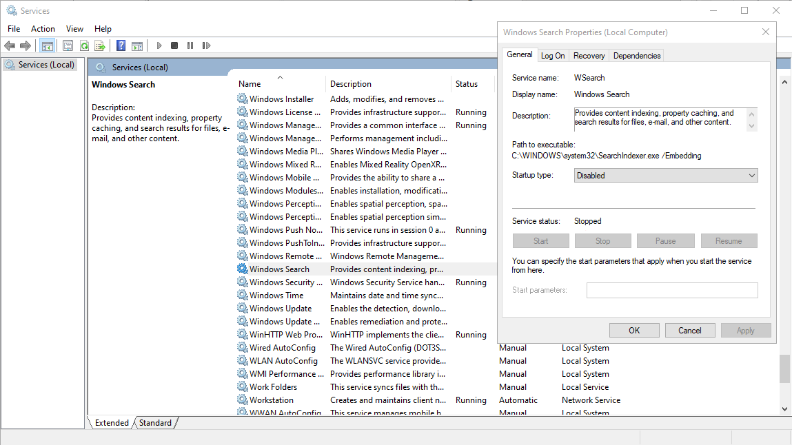 Detención del servicio de indexación