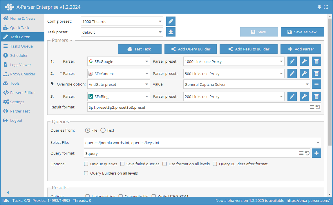 Ejemplo de configuración del Editor de tareas