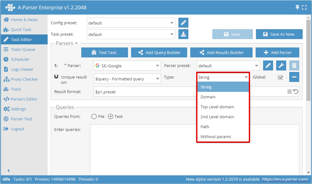 Tipo de unificación en el Editor de tareas