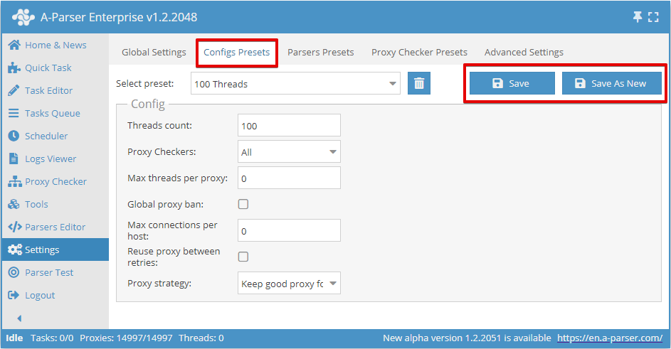 Paramètres de la Config des threads
