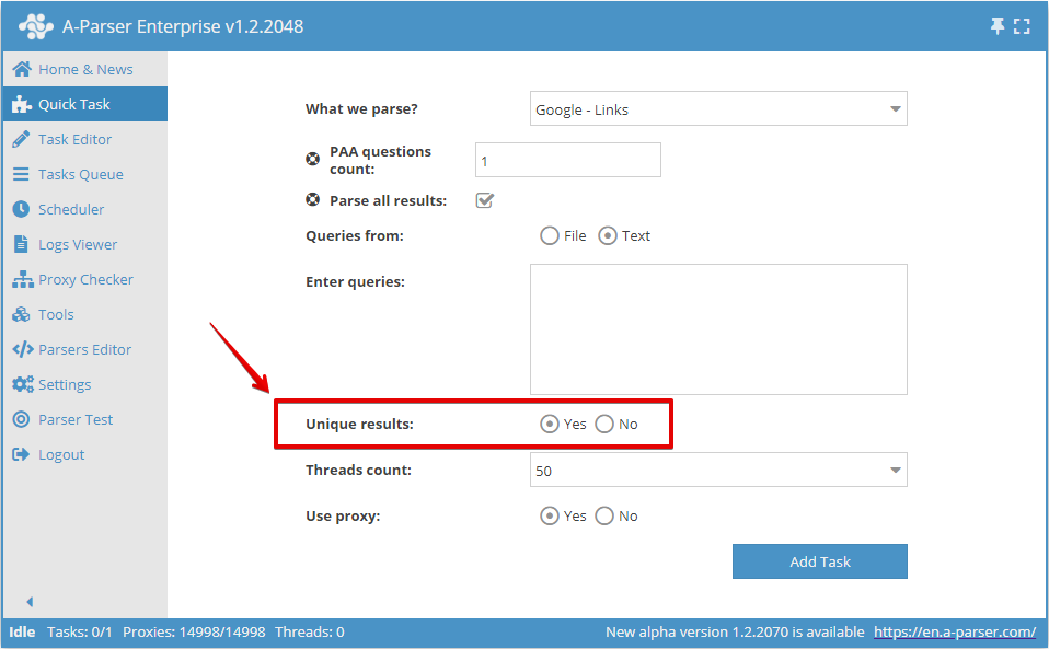 Option d'unicité des résultats par ligne dans le Quick Task