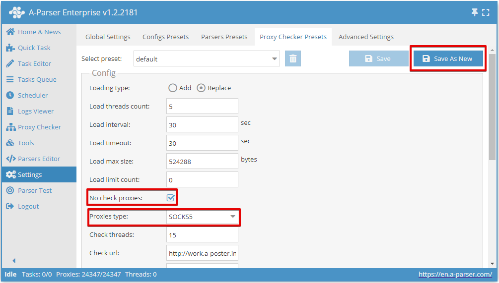 Proxy's niet controleren - inschakelen, Proxytype - SOCKS5