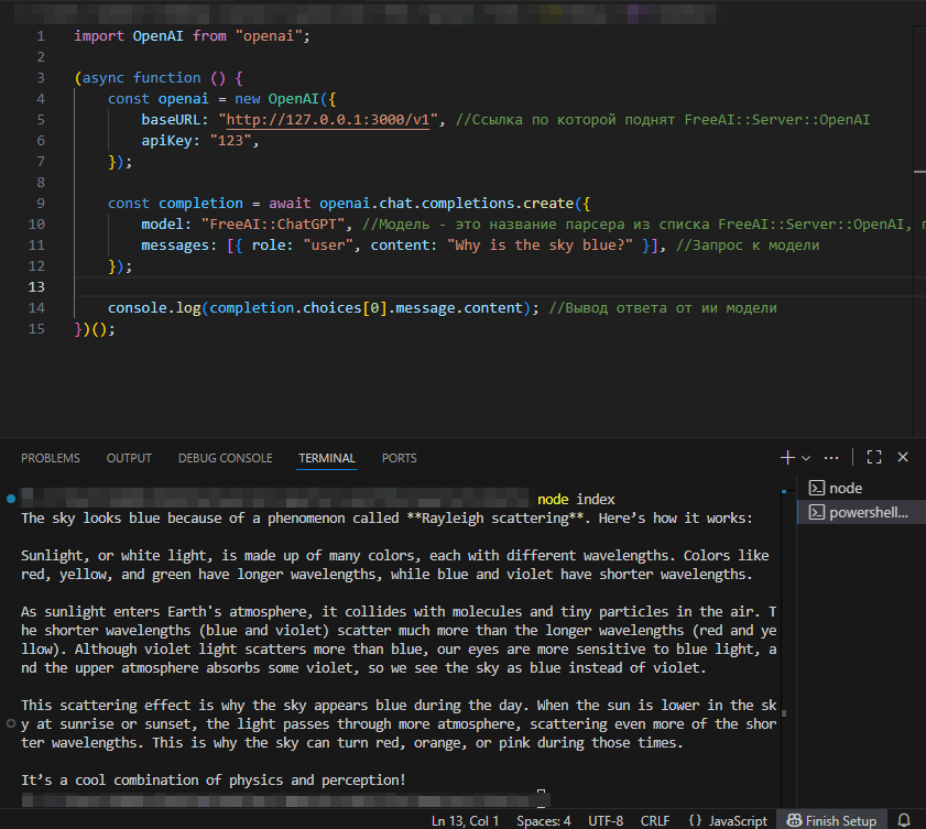 Połączenie z FreeAI::Server::OpenAI przez nodejs + openai sdk