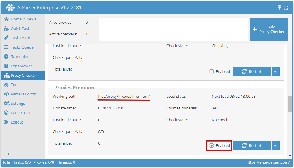 Proxy Kontrolcüsünü Etkinleştir, Çalışma dizini