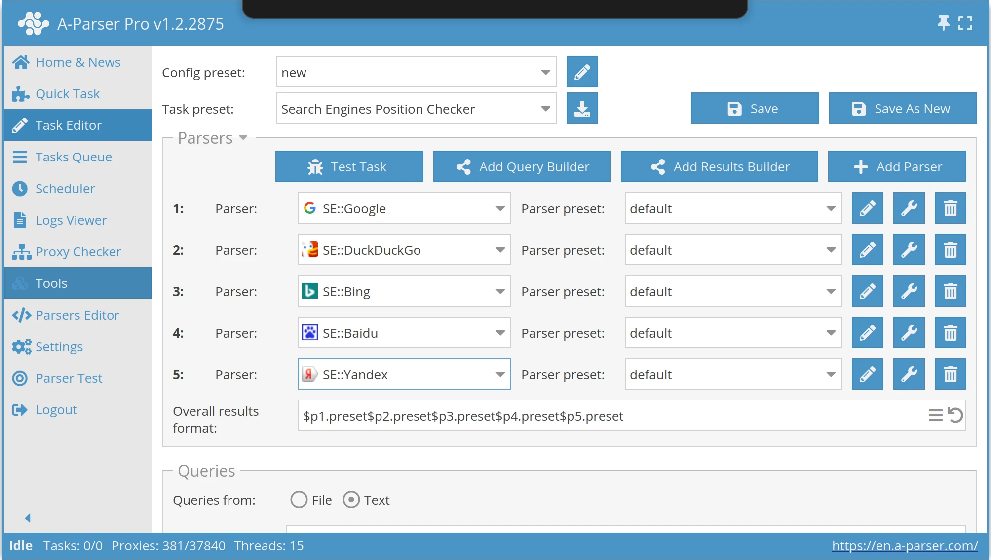 Verificación de posiciones de palabras clave en A-Parser